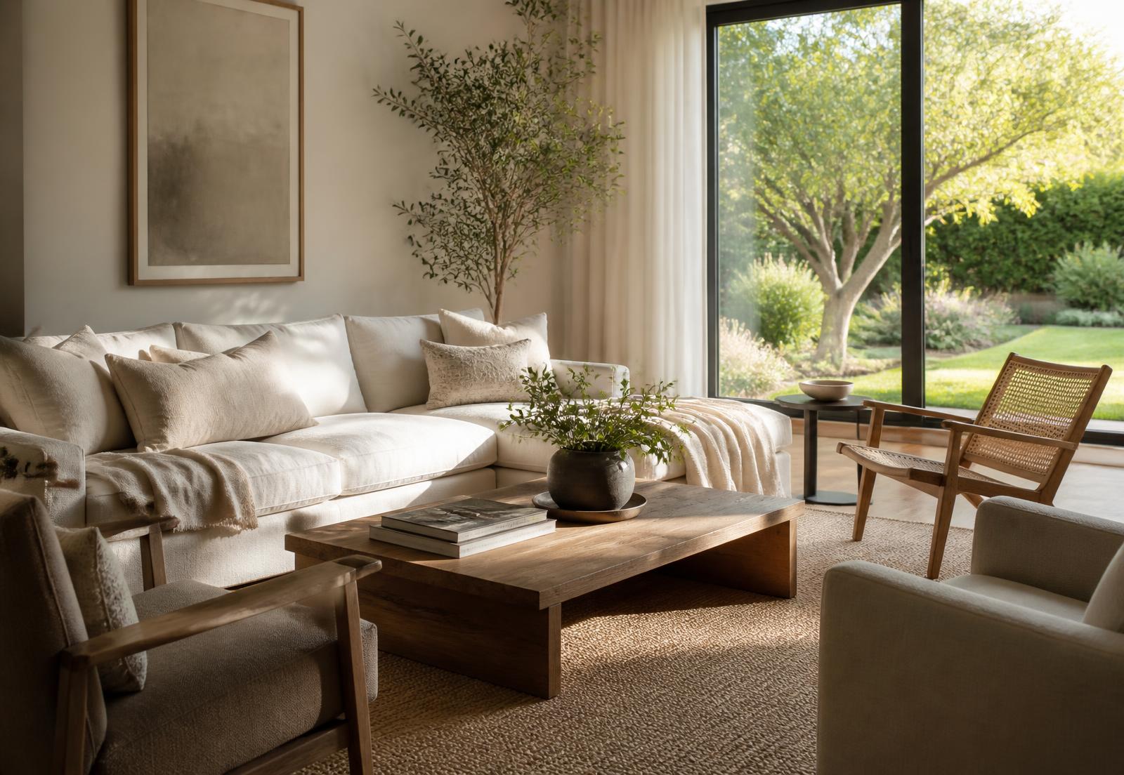 Sala de estar tranquila e iluminada, com vista para um jardim